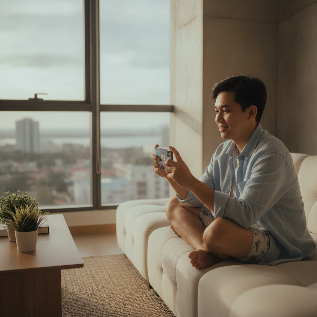 Filipino player learning to use online casino on smartphone at home